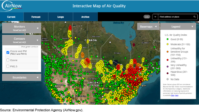 An image of an interactive map displaying air quality index statuses across North America. 