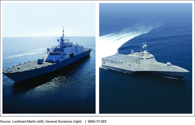 Two photos of Littoral Combat Ship variants: the Freedom and the Independence.
