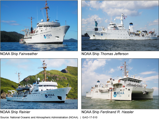 Four photos showing NOAA's four hydrographic survey vessels. 