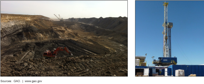 Photos of a surface coal mine and an oil and gas drilling rig.