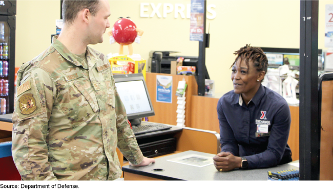 Clerk at a military exchange talking to a servicemember in fatigues in a checkout line.