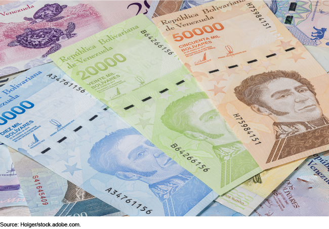 Photo showing Venezuela paper money in different values including 50,000 and 20,000.