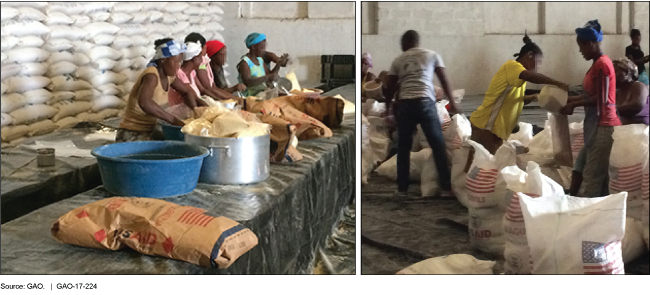 Two photos of food aid workers in Haiti. 