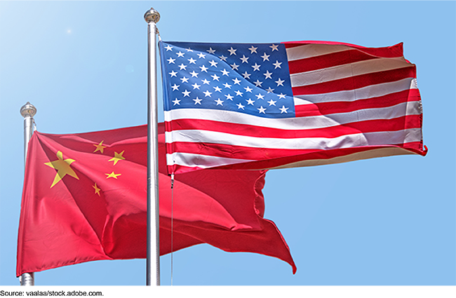 The flag of the United States flying next to a the flag of China.