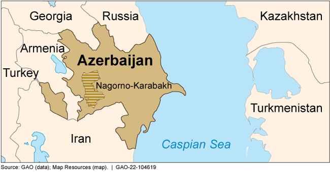 map showing Nagorno-Karabakh in Azerbaijan by the Caspian Sea