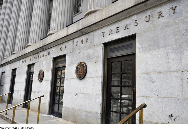 The exterior of the entrance to the Department of the Treasury. 